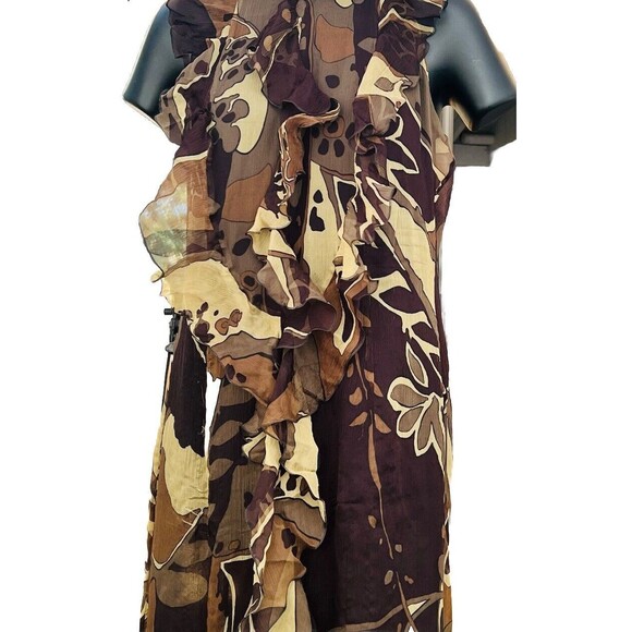 Escada Green and Brown Fauna Print Plisse Silk Ruffled Halter Maxi Dress 38 US 8 - Picture 8 of 12